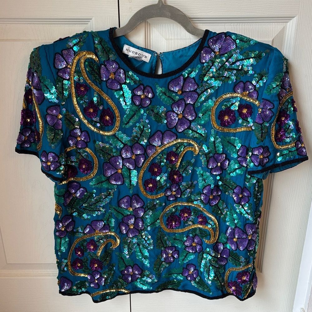 Vintage Hudson’s 100% silk Colorful Sequin beaded Embellished women’s blouse XL